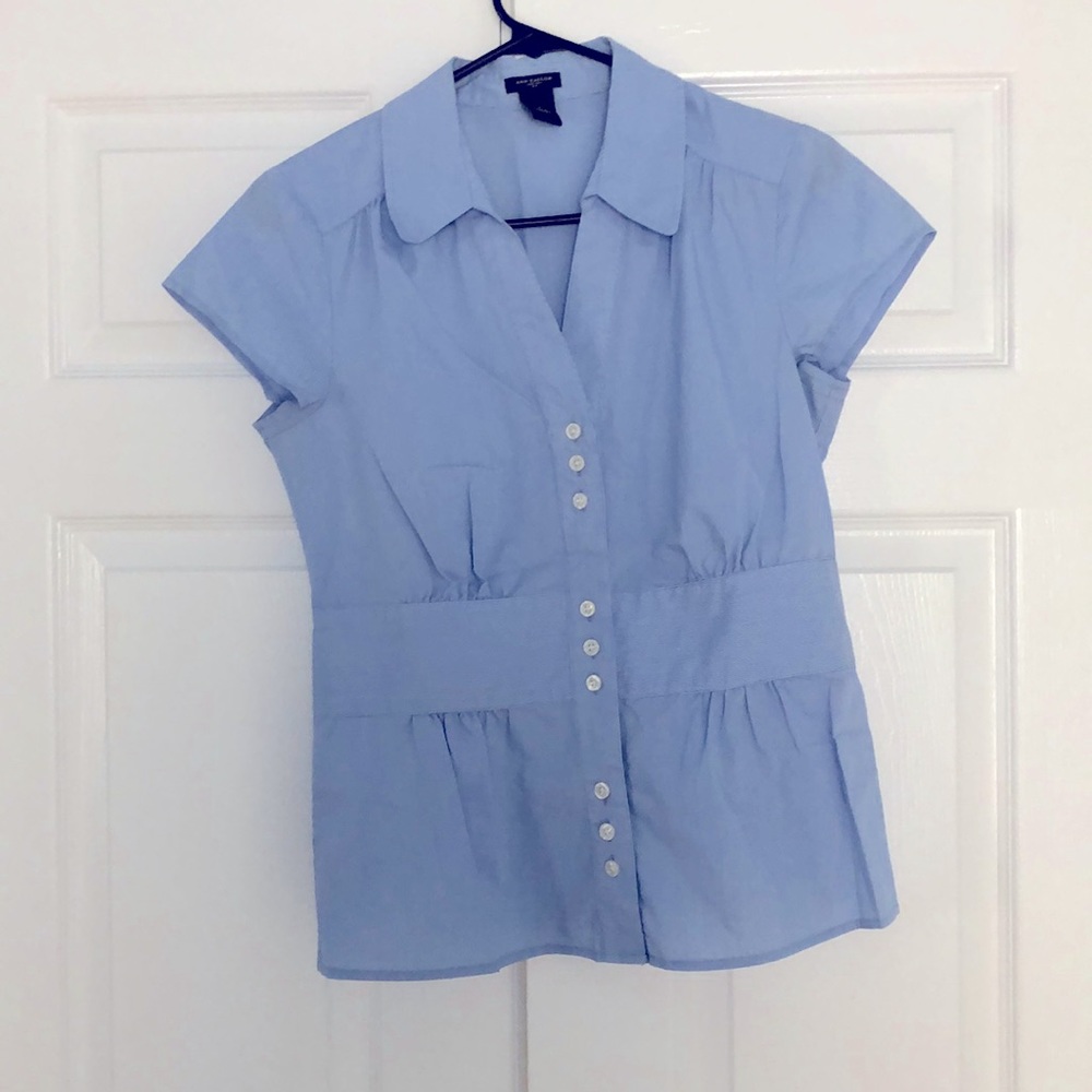 Ann Taylor stretch button down with v-neck and waist detail for slimming effect